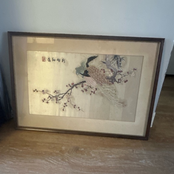 Vintage Silk Embroidery – Framed Peacock & Cherry Blossoms (1970s)